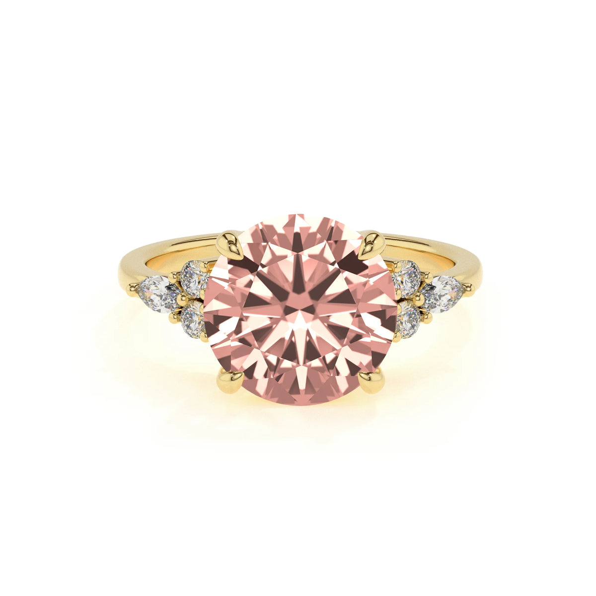lab grown morganite round solitaire rings in yellow gold 