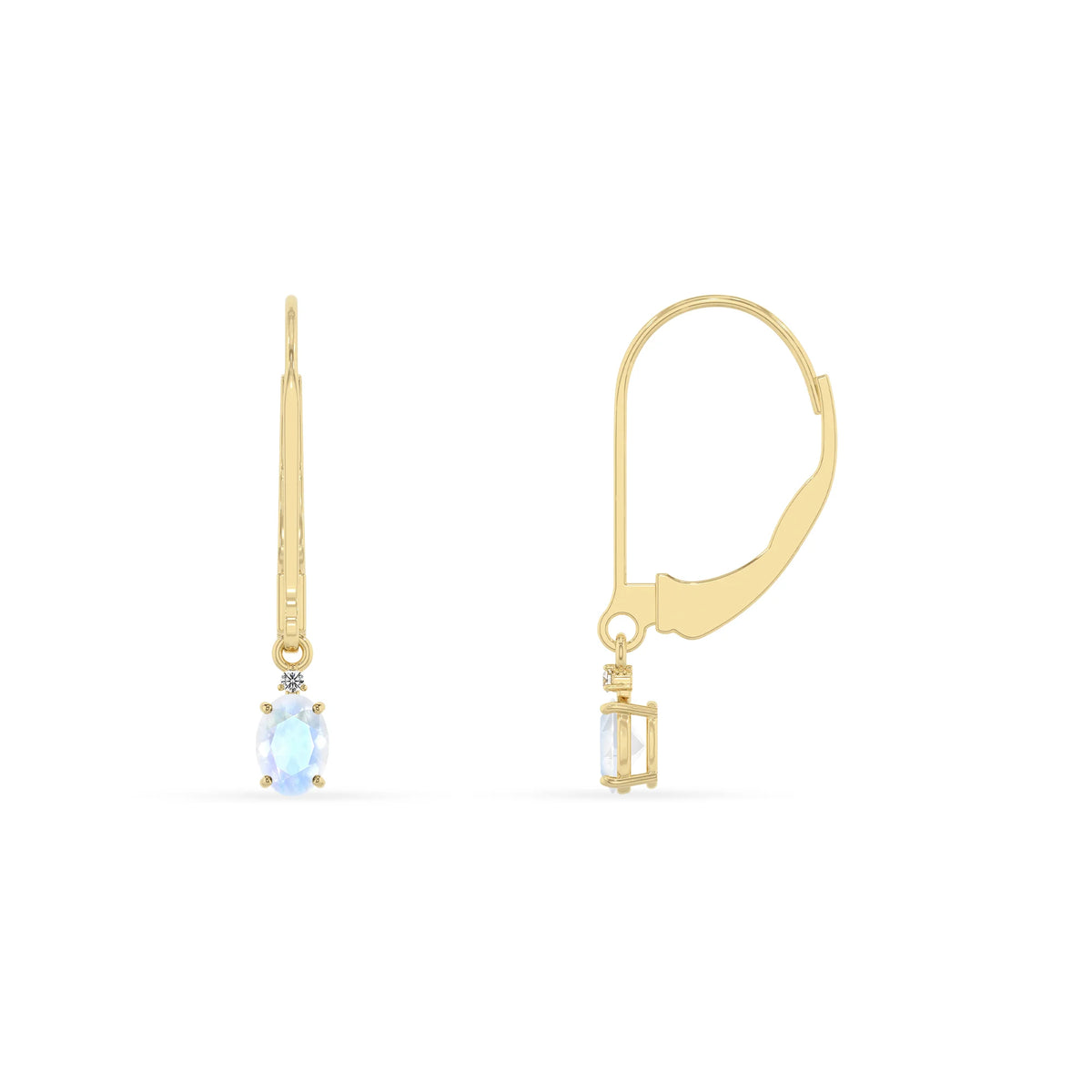 natural rainbow moonstone oval drop earrings in yellow gold 