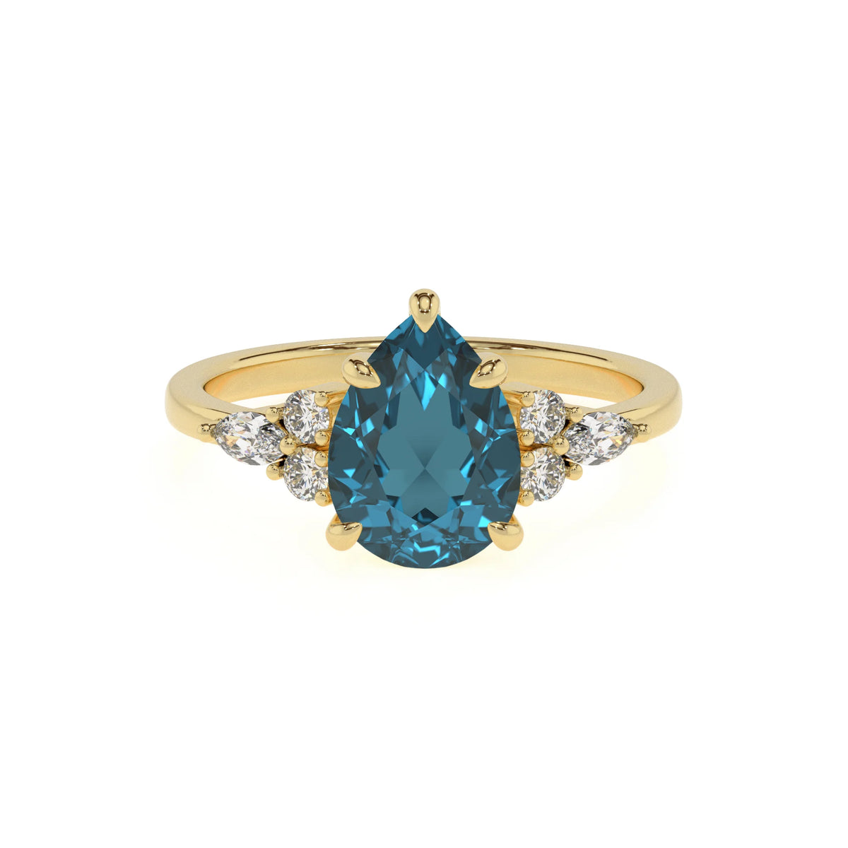 natural london-blue-topaz pear solitaire rings in yellow gold 