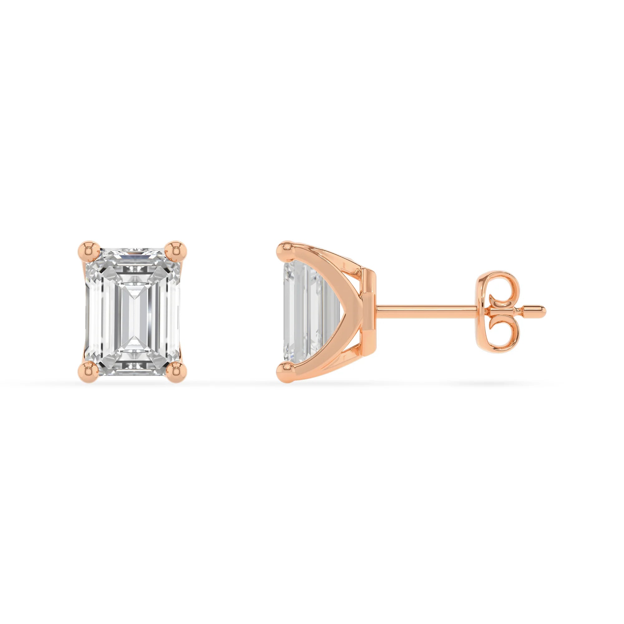 lab grown moissanite emerald cut stud earrings in rose gold 