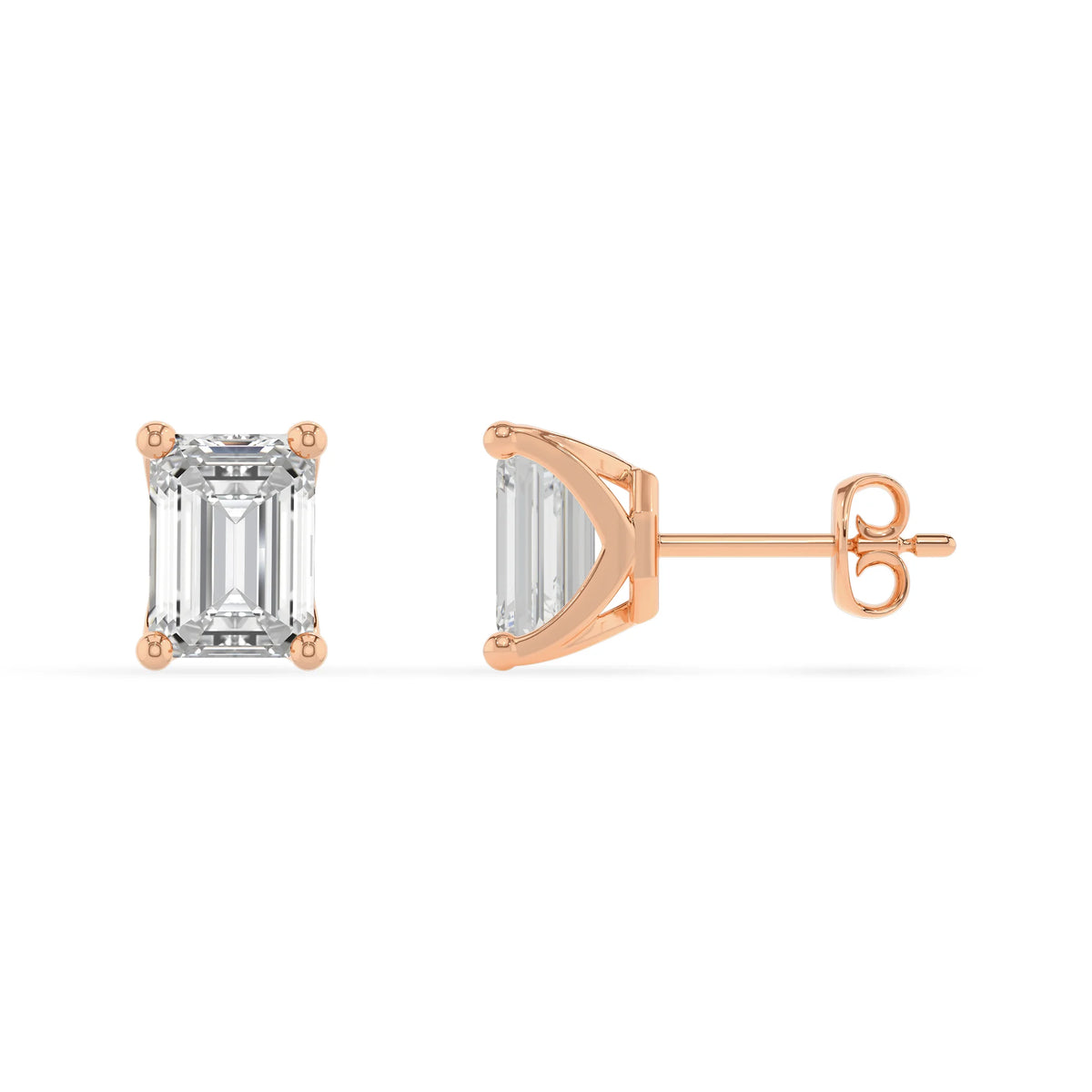 lab grown moissanite emerald cut stud earrings in rose gold 