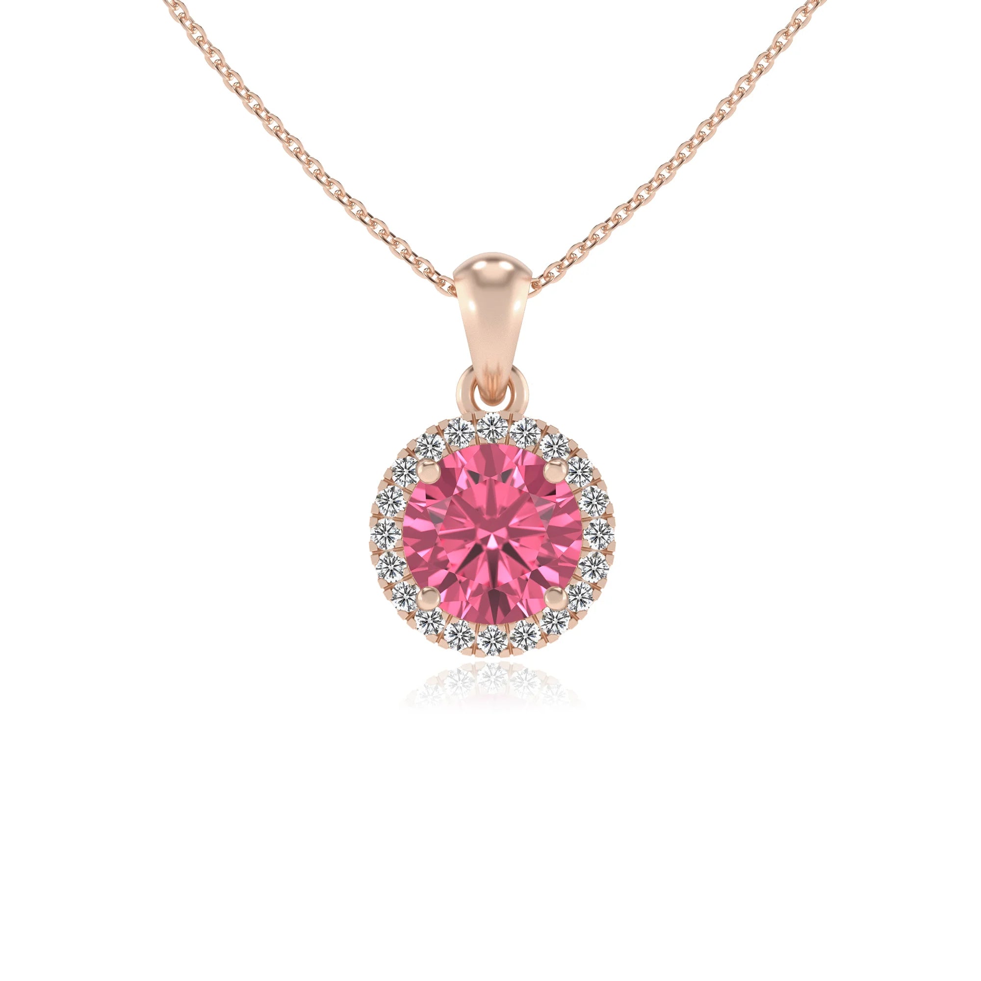 lab grown pink-tourmaline round solitaire necklaces in rose gold 