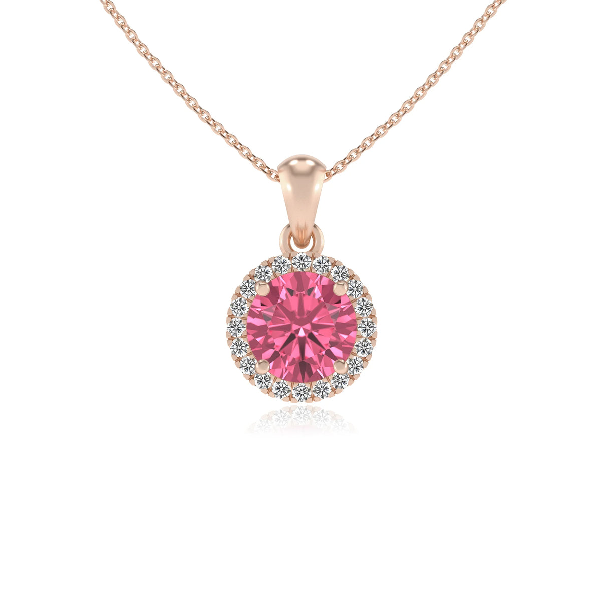lab grown pink-tourmaline round solitaire necklaces in rose gold 