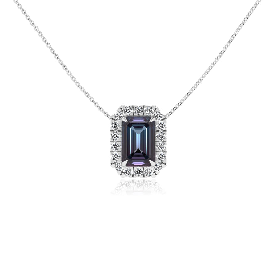 lab grown alexandrite emerald cut solitaire necklaces in sterling silver 