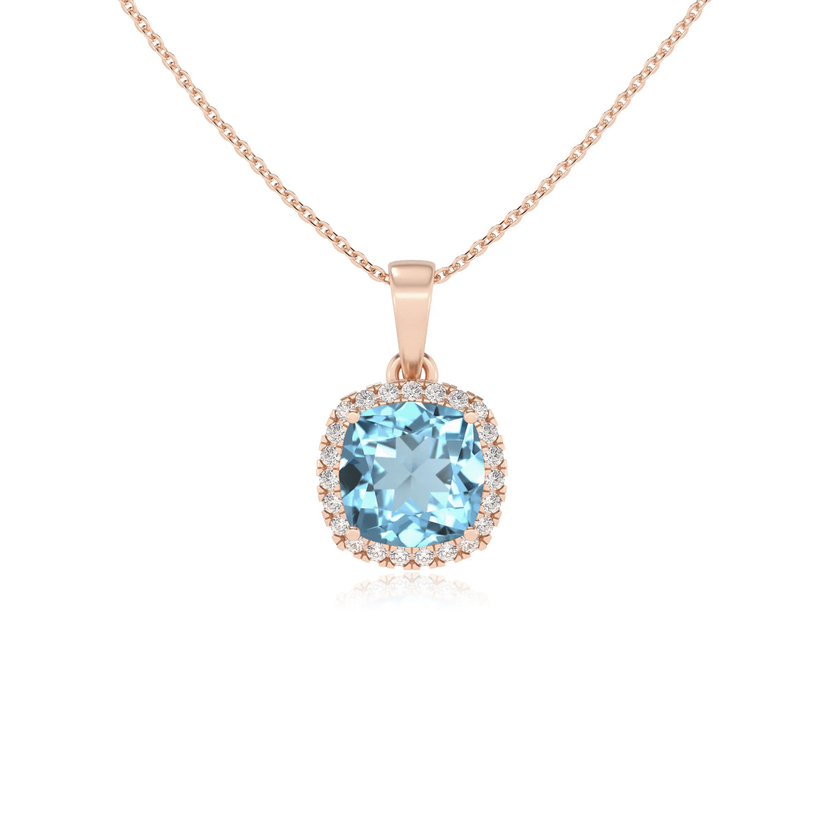 lab grown aquamarine cushion solitaire necklaces in rose gold 