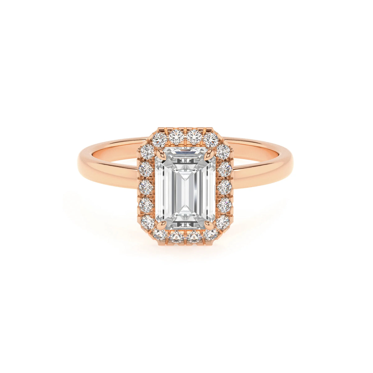 lab grown moissanite emerald cut solitaire rings in rose gold 