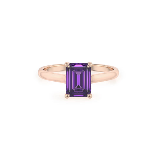 lab grown amethyst emerald cut solitaire rings in rose gold 