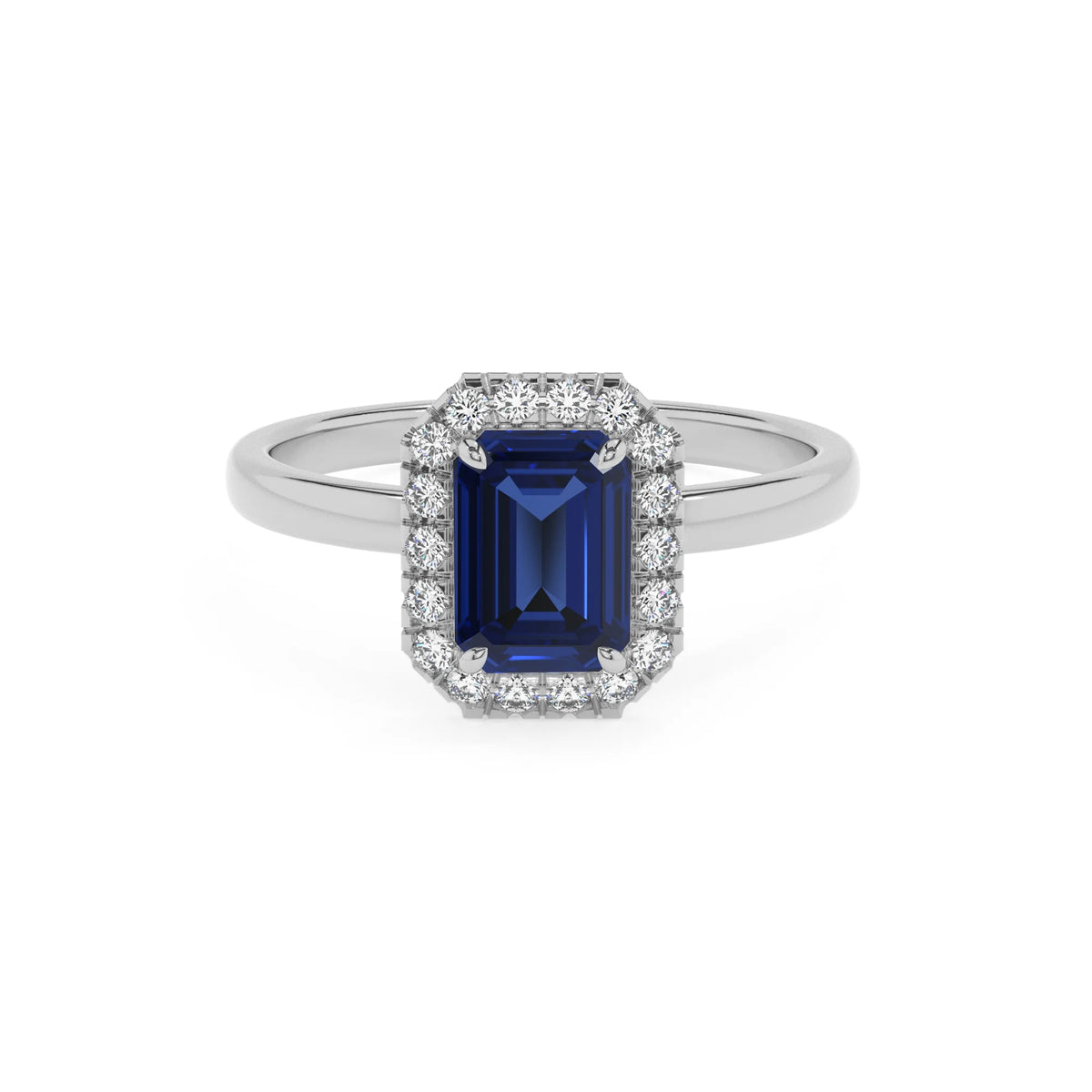 lab grown blue-sapphire emerald cut solitaire rings in white gold 