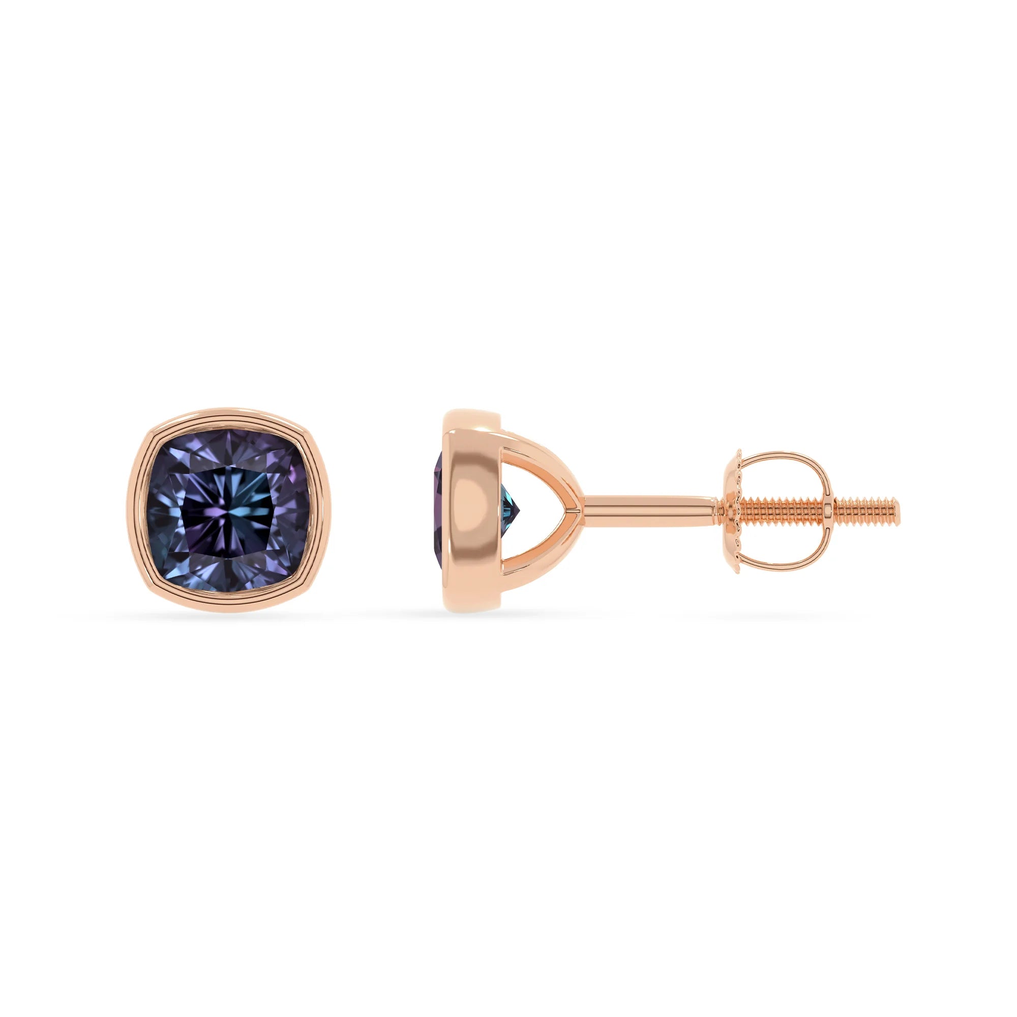 lab grown alexandrite cushion stud earrings in rose gold 
