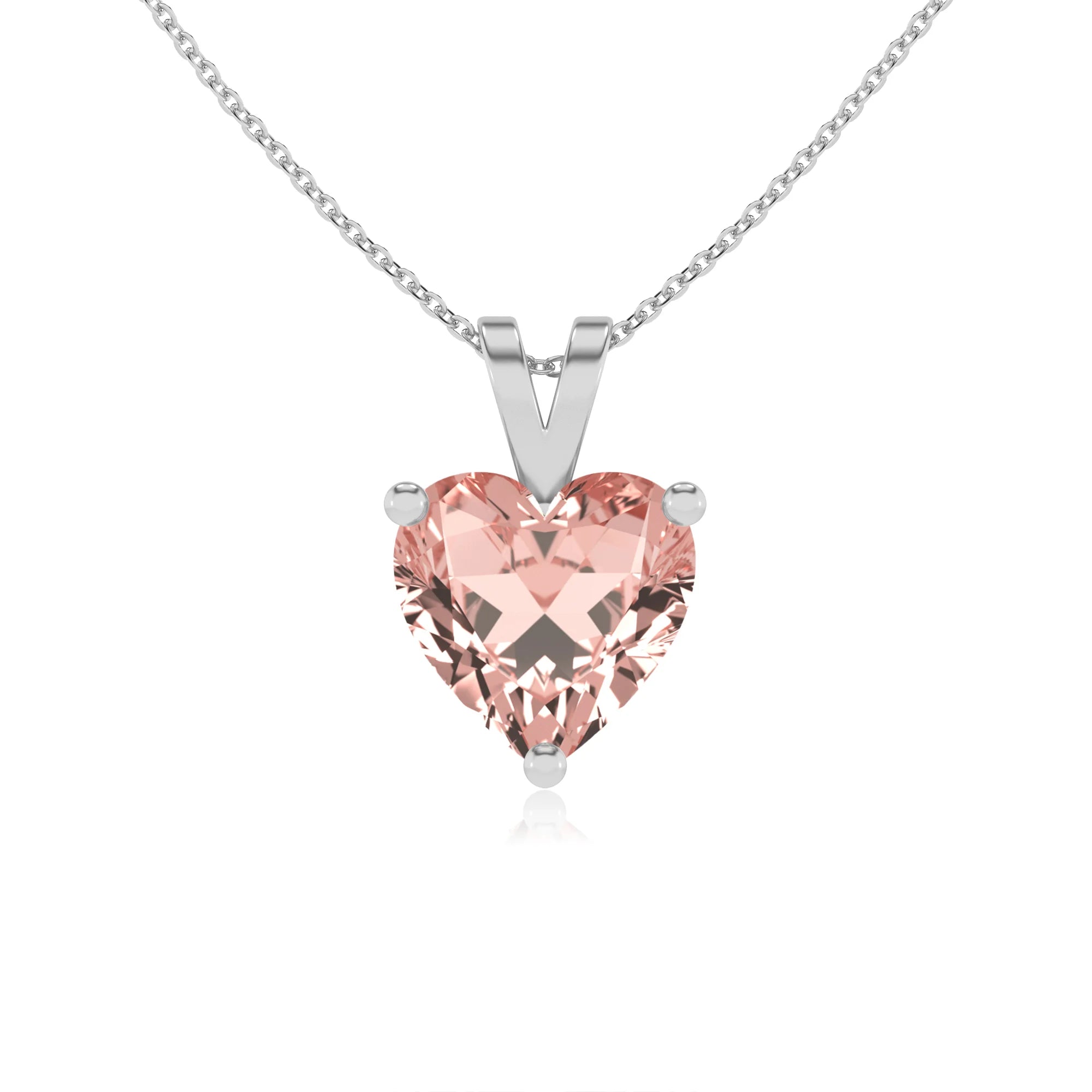 lab grown morganite heart solitaire v-bale necklaces in platinum 