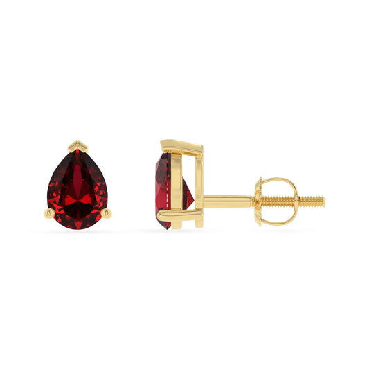 lab grown ruby pear stud earrings in yellow gold 