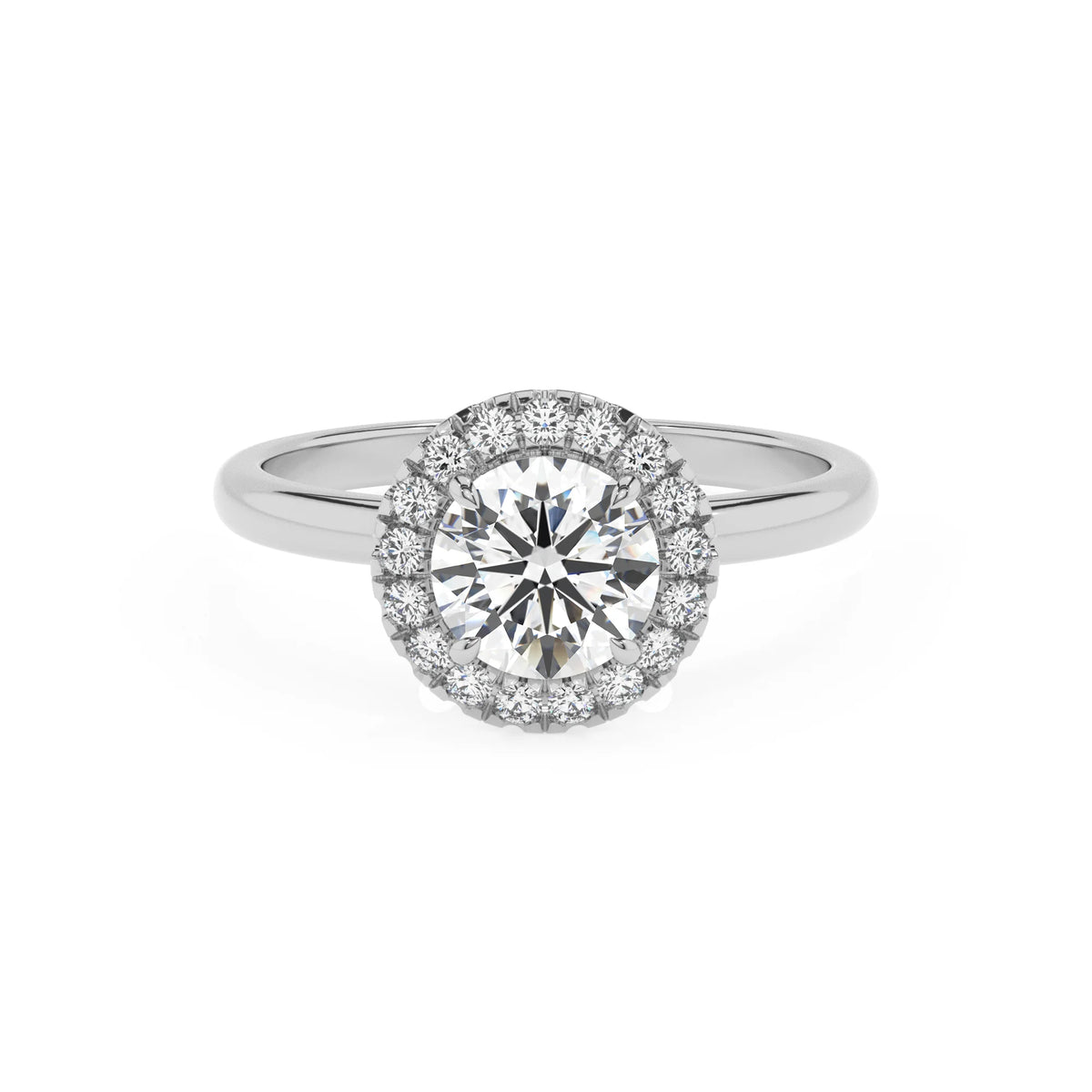 lab grown moissanite round solitaire rings in white gold 
