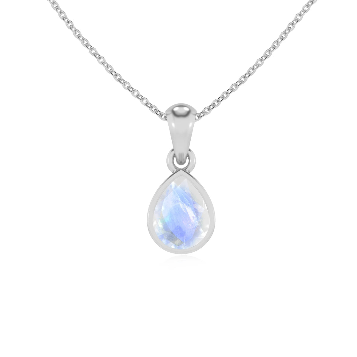 natural rainbow-moonstone pear solitaire necklaces in white gold 