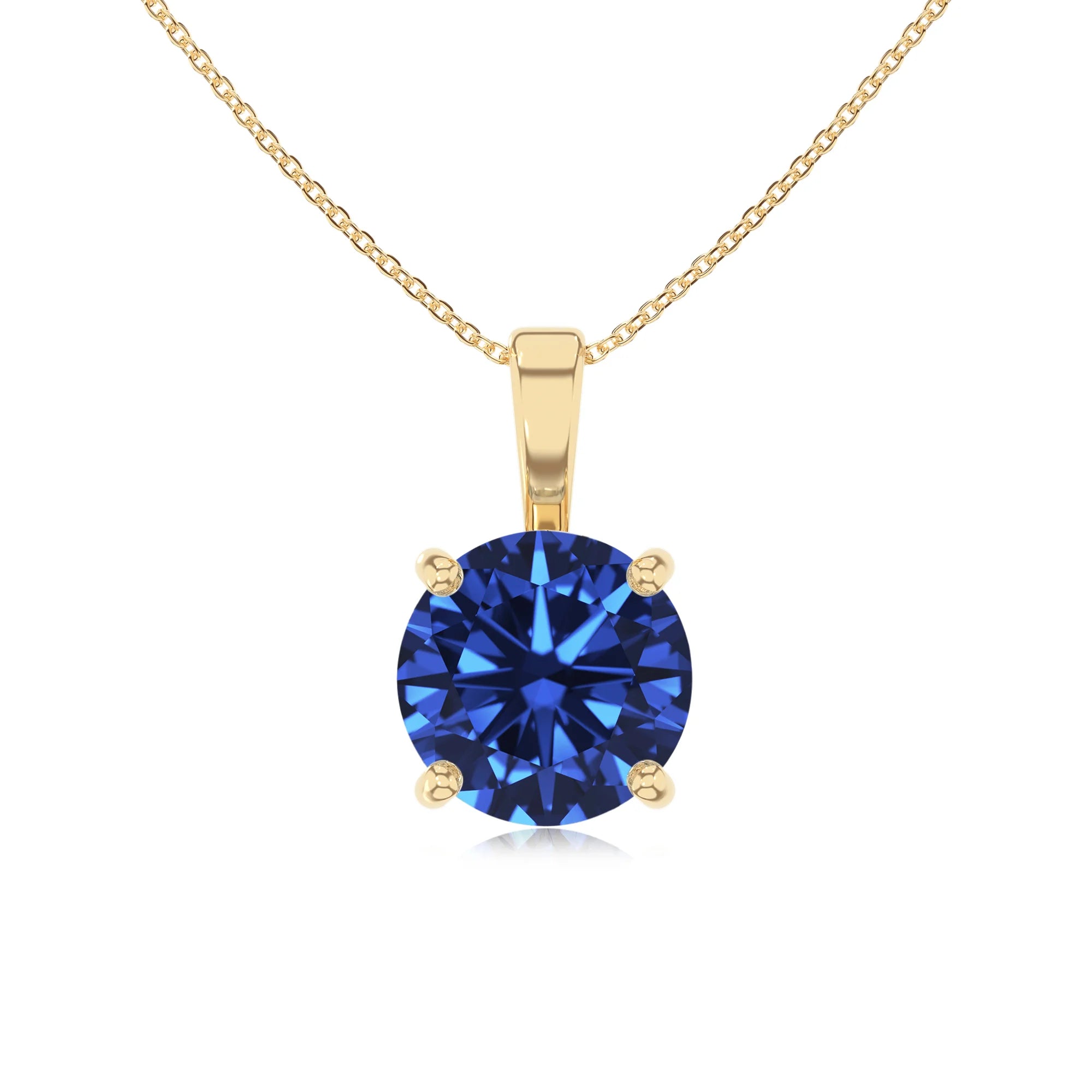 lab grown blue-sapphire round solitaire necklaces in yellow gold 