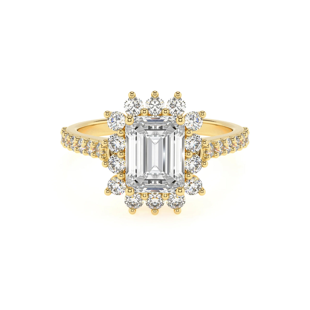 lab grown moissanite emerald cut solitaire rings in yellow gold 