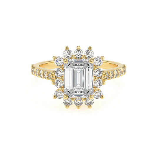lab grown moissanite emerald cut solitaire rings in yellow gold 