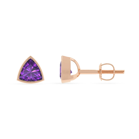 lab grown amethyst trillion stud earrings in rose gold 