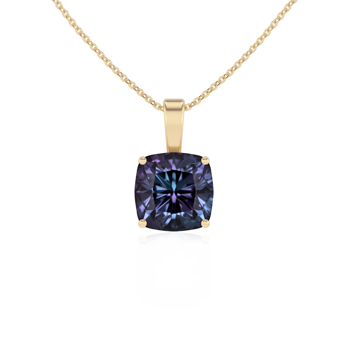 lab grown alexandrite cushion solitaire necklaces in yellow gold 