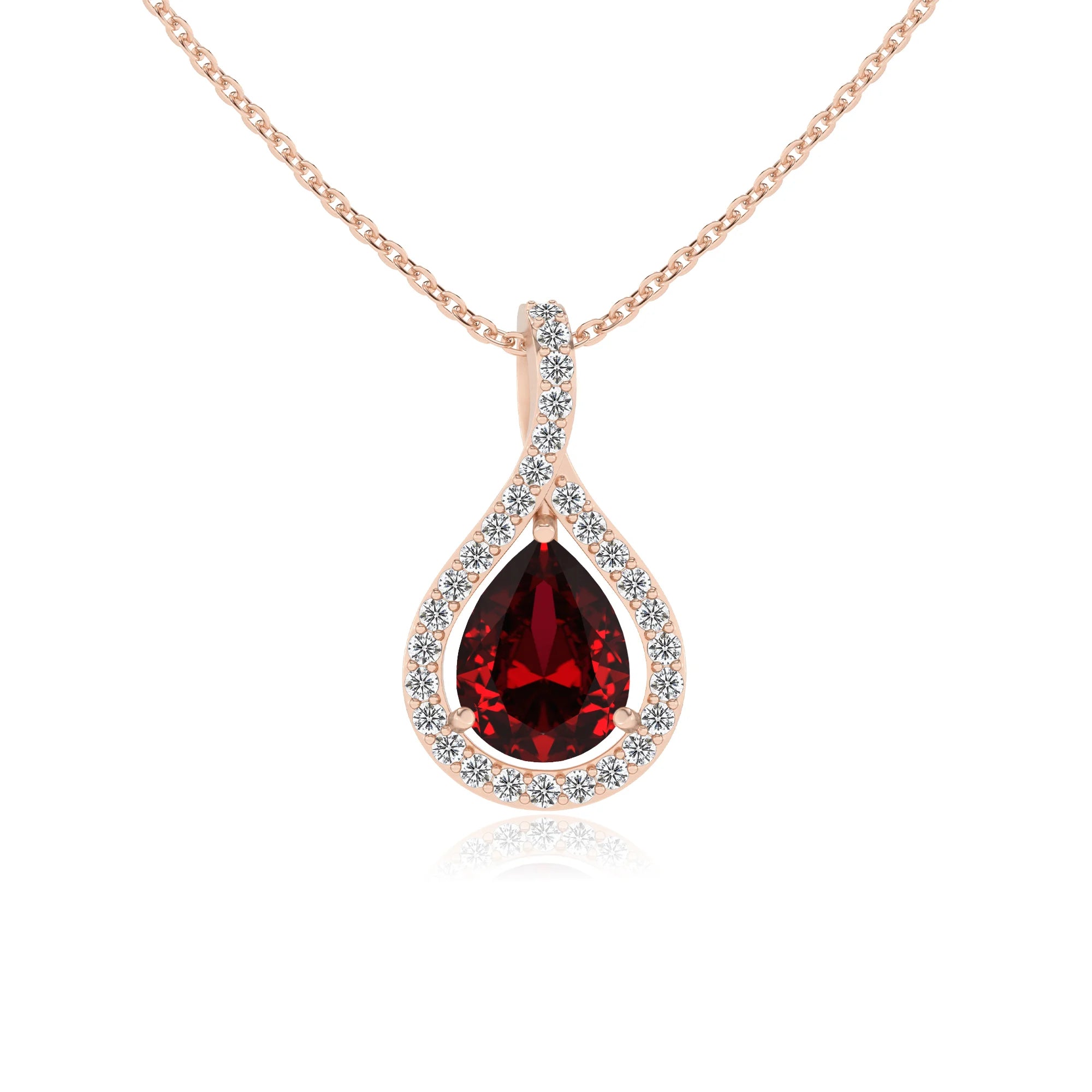 lab grown ruby pear solitaire necklaces in rose gold 