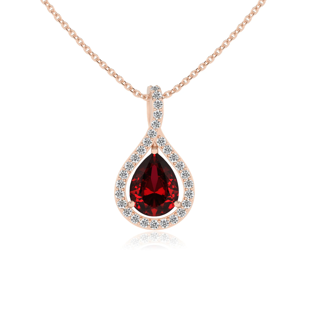 lab grown ruby pear solitaire necklaces in rose gold 