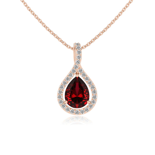 lab grown ruby pear solitaire necklaces in rose gold 