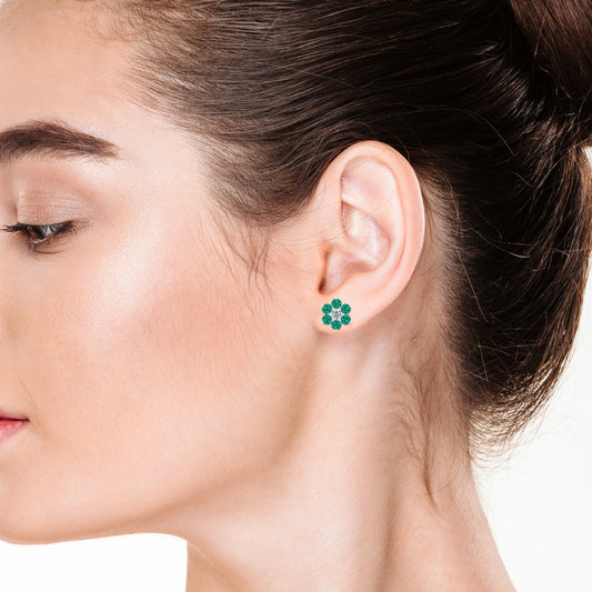 Lab Grown Emerald Round Stud Earrings with Diamond