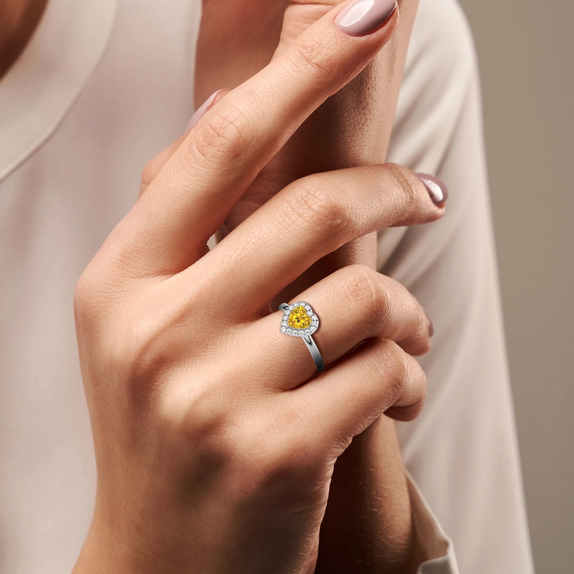 lab grown yellow-sapphire heart solitaire rings in sterling silver 