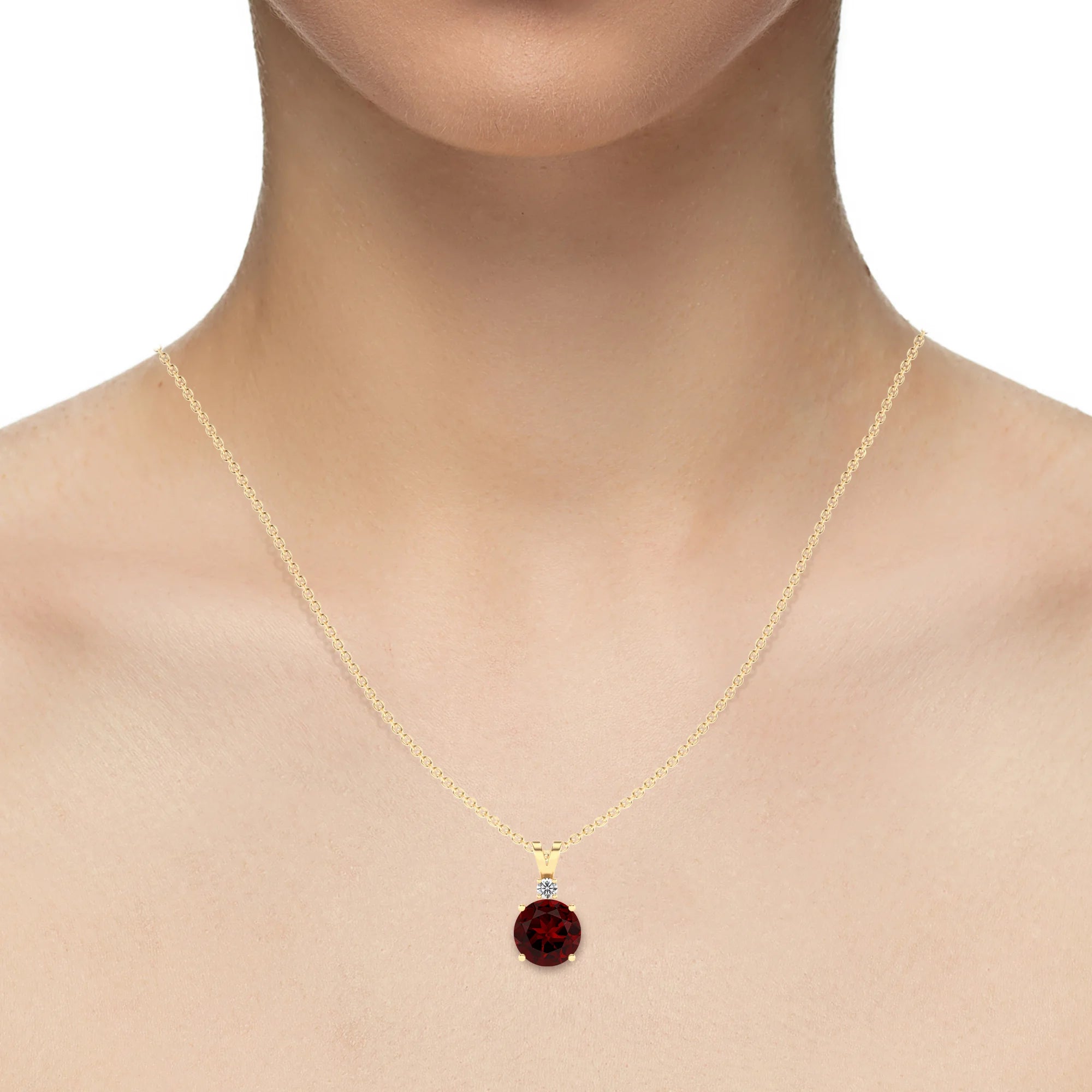 natural garnet round solitaire v-bale necklaces in yellow gold 