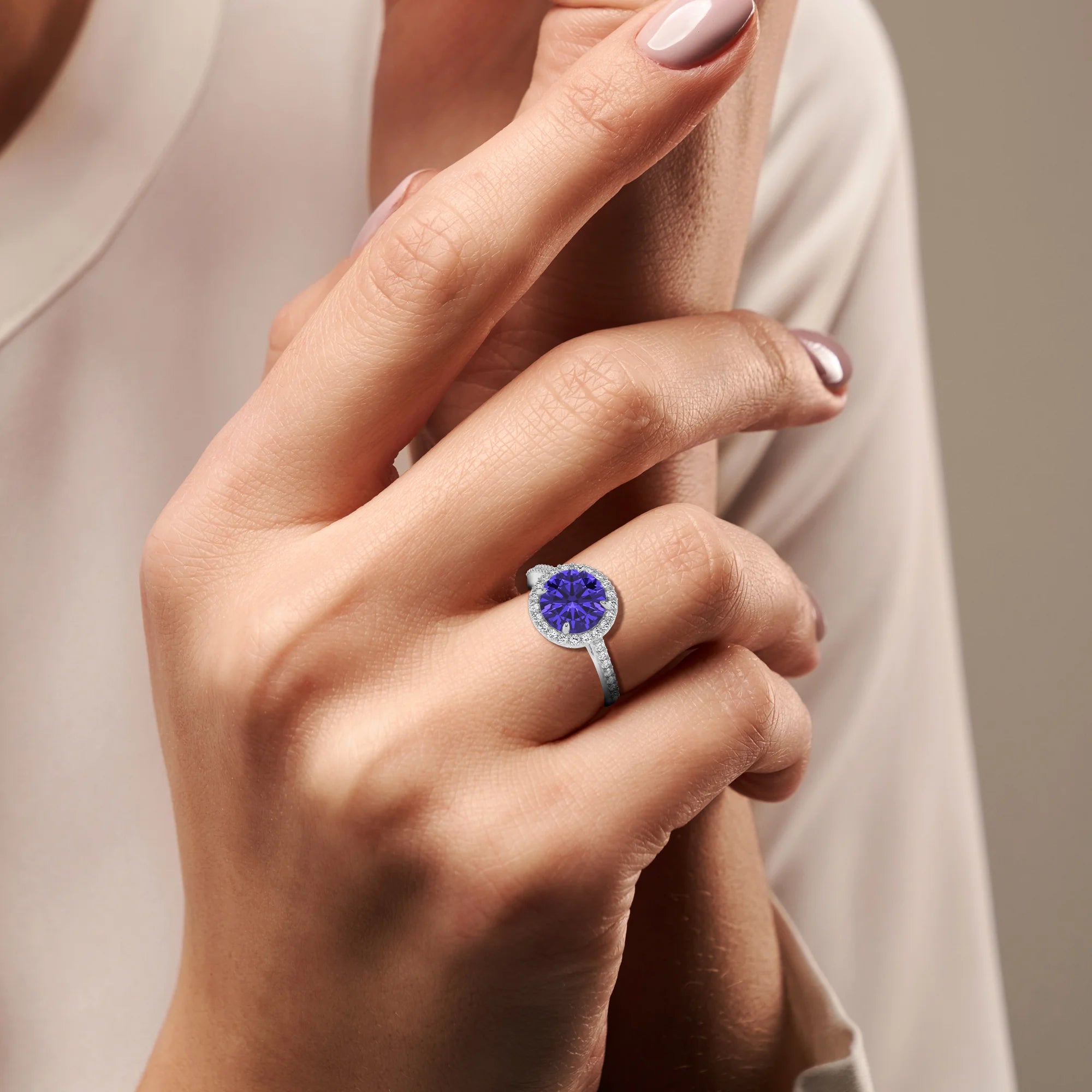 lab grown tanzanite round solitaire rings in platinum 