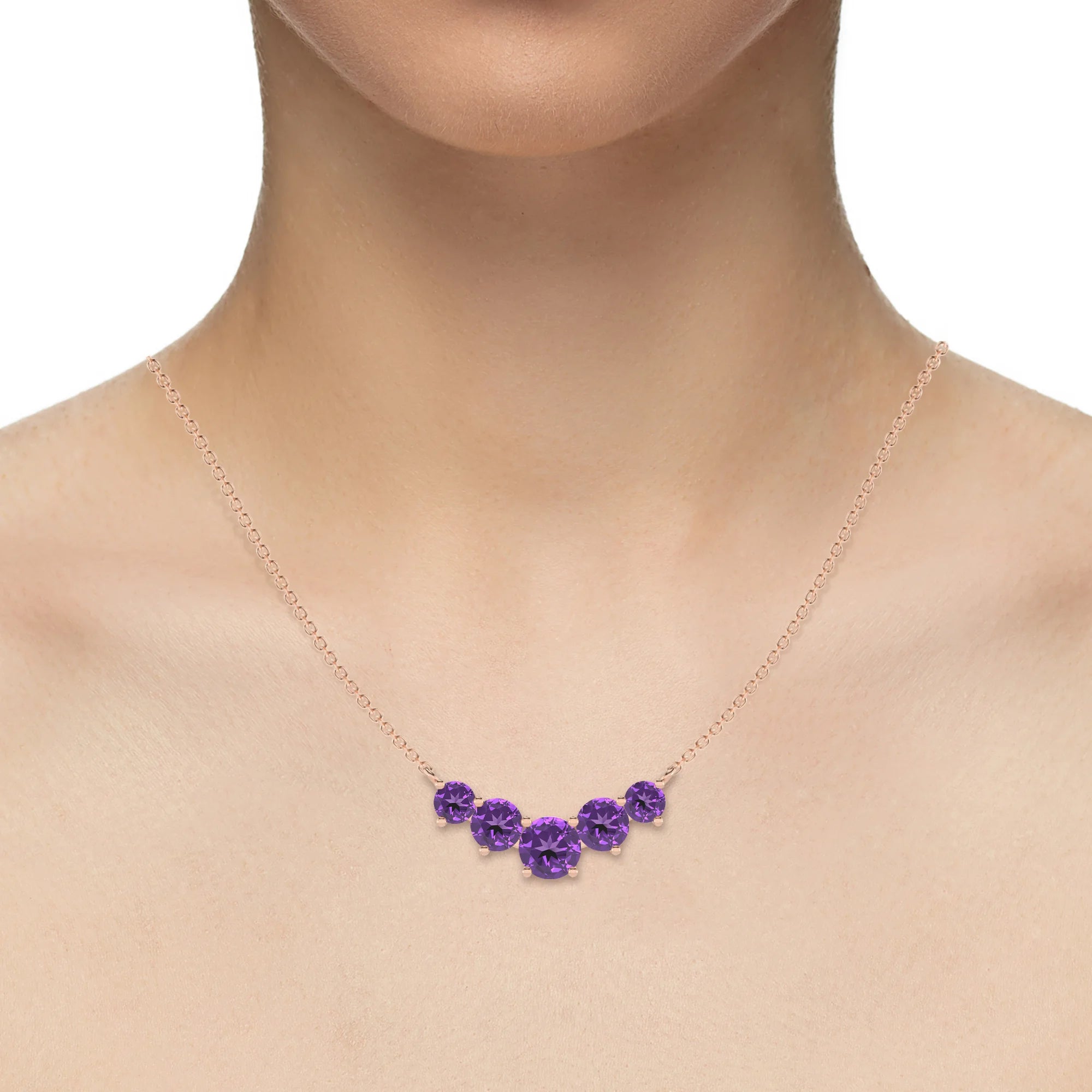 lab grown amethyst round bar necklaces in rose gold 