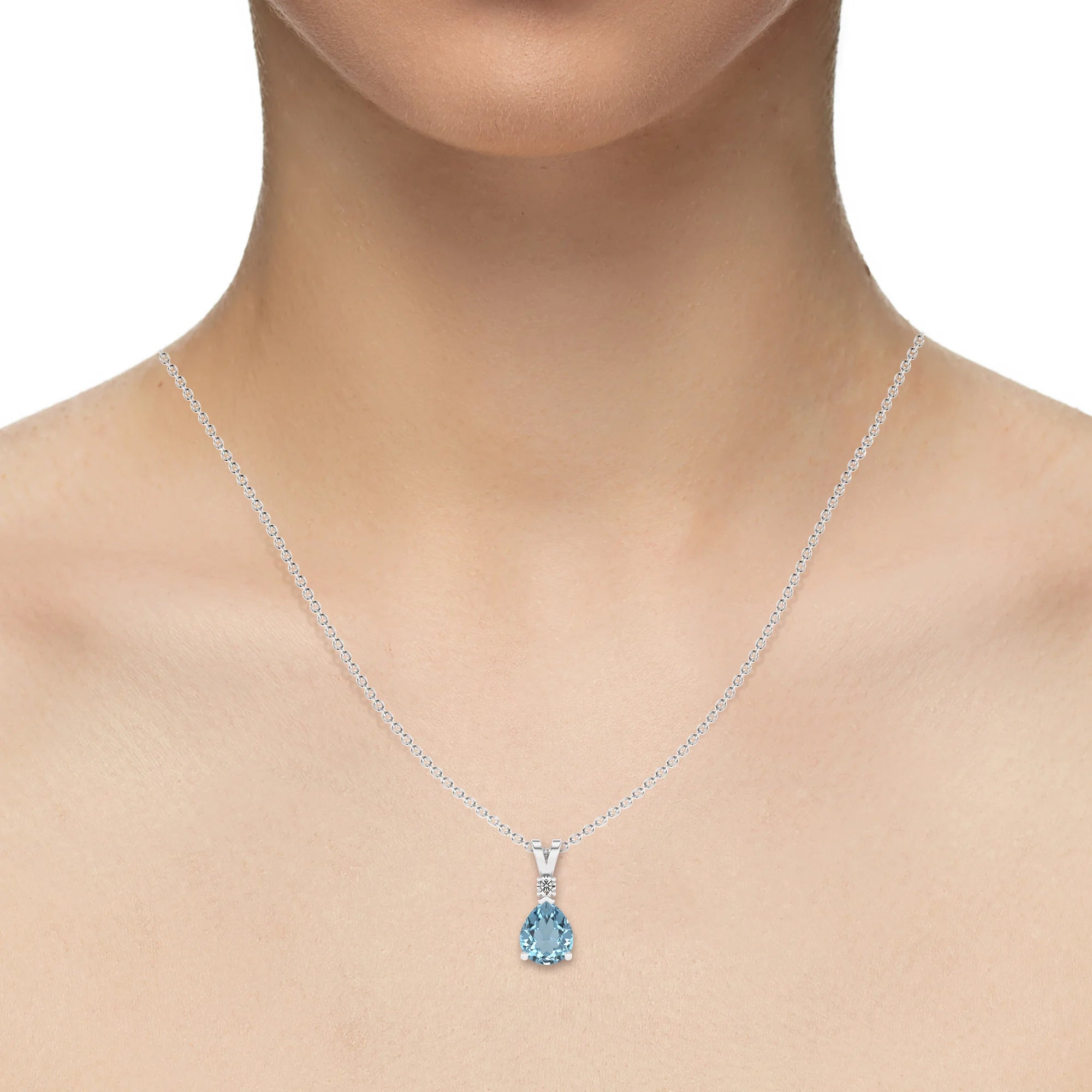 lab grown aquamarine pear solitaire v-bale necklaces in white gold 