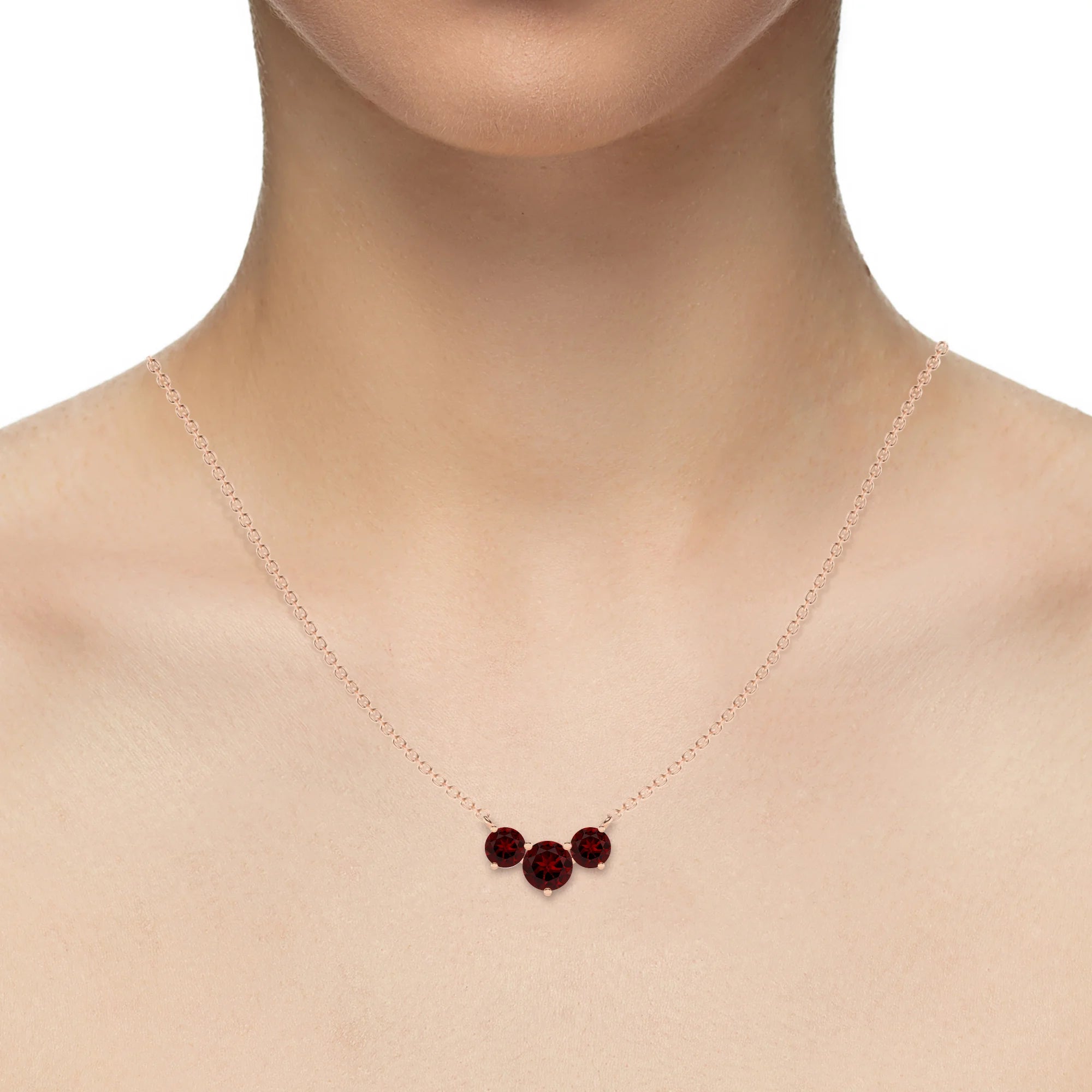 natural garnet round solitaire v-bale necklaces in rose gold 
