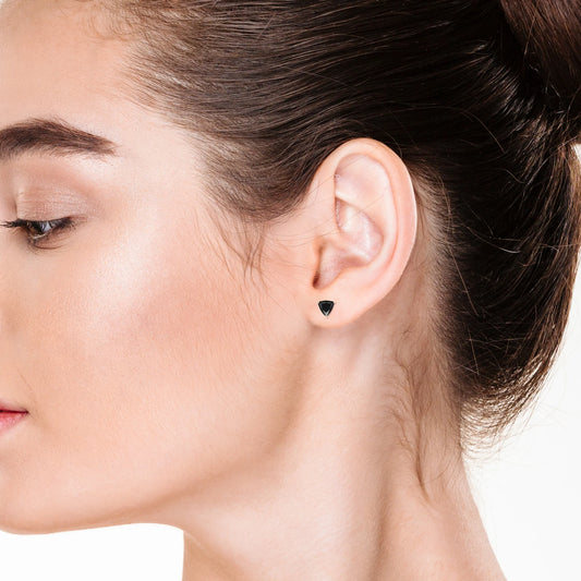 natural black onyx trillion stud earrings in rose gold 