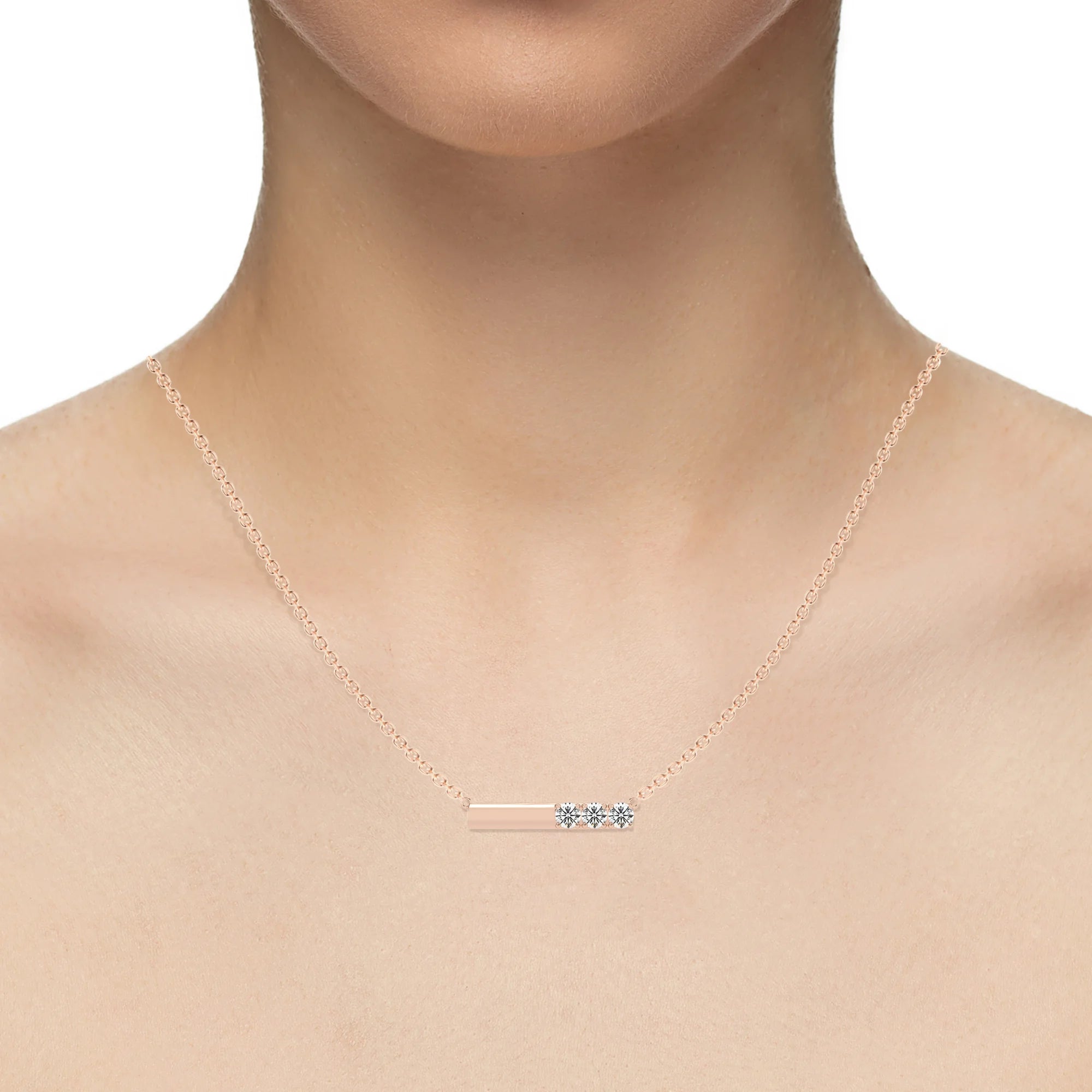 lab grown moissanite round bar v-bale necklaces in rose gold 