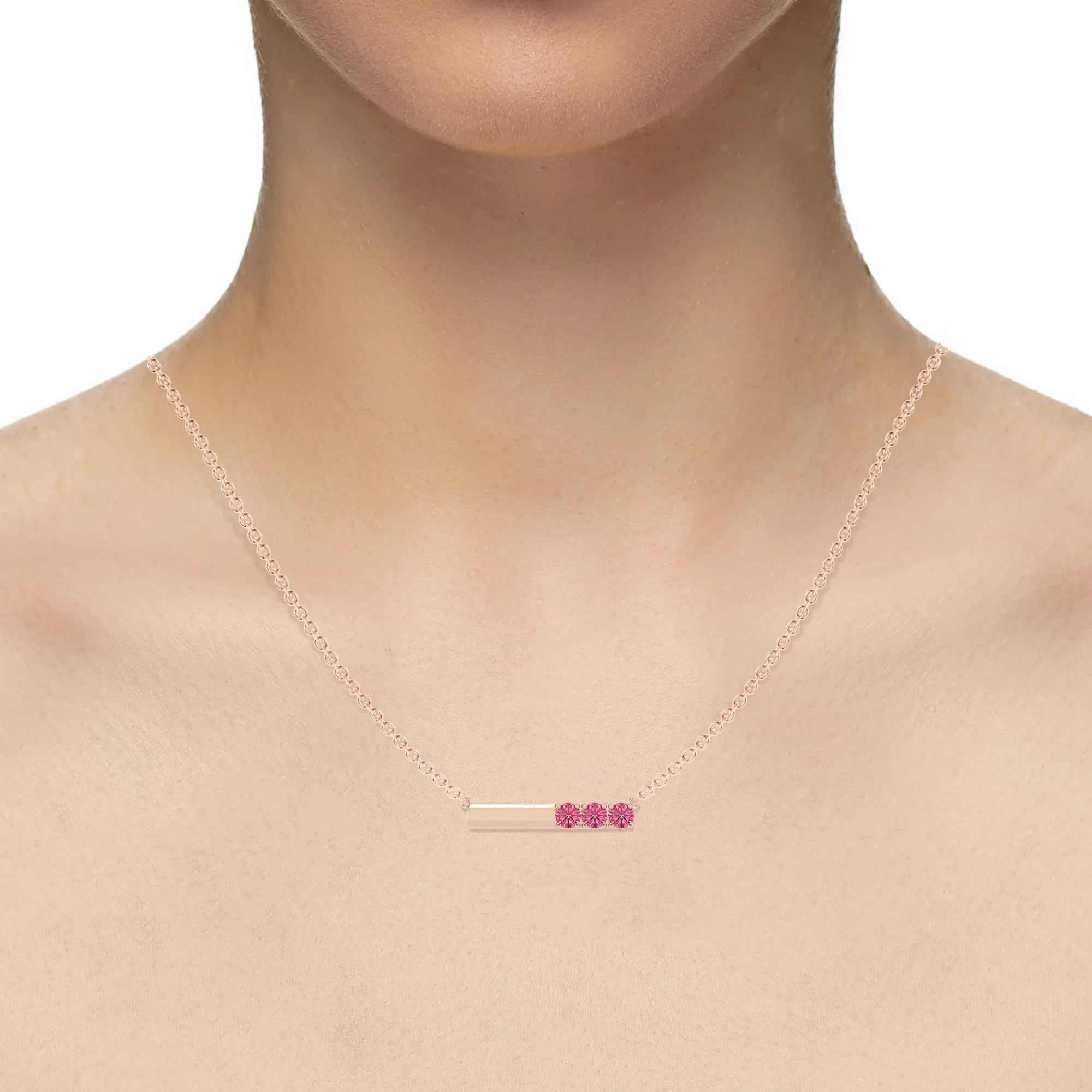 lab grown pink-tourmaline round bar v-bale necklaces in rose gold 