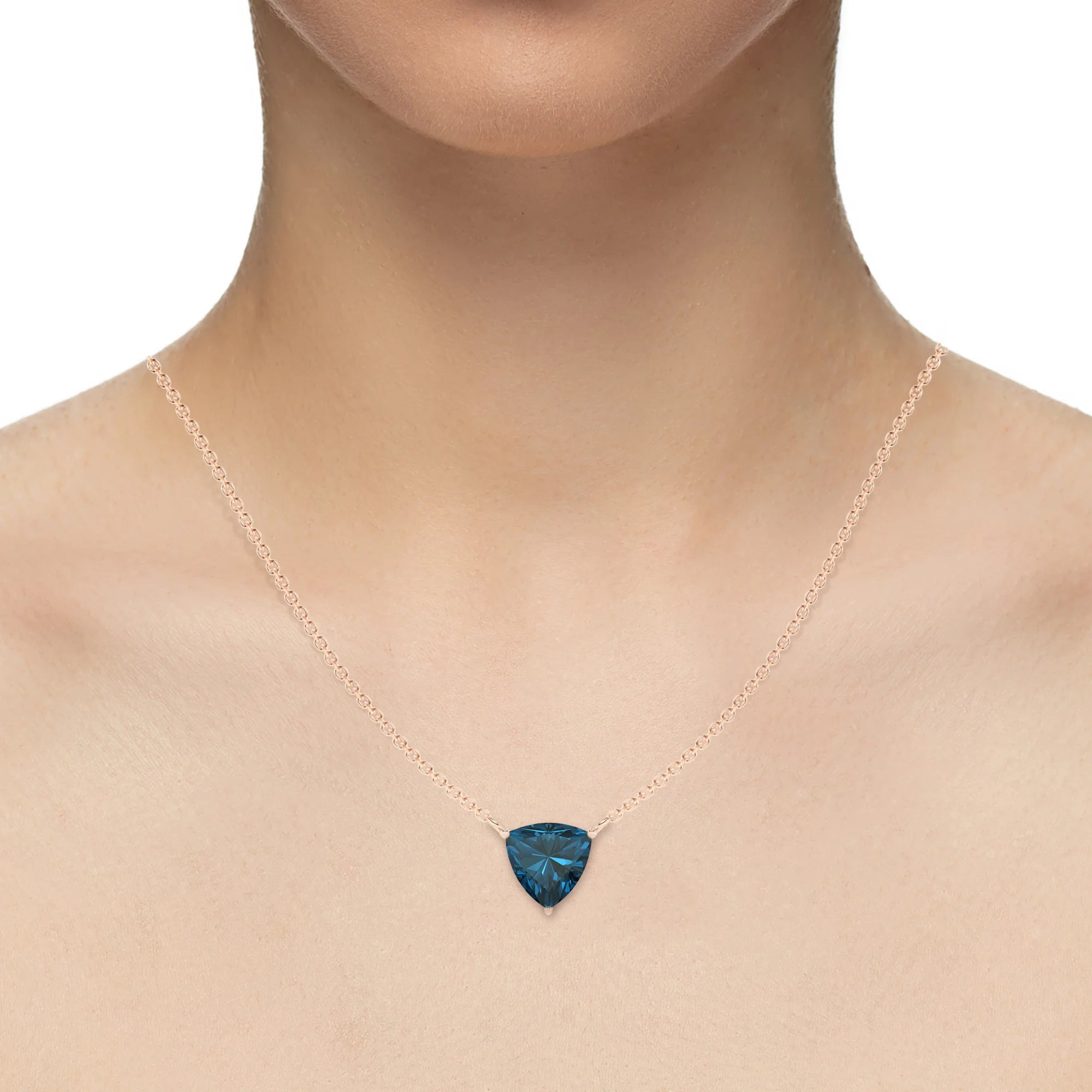 natural london-blue-topaz trillion solitaire necklaces in rose gold 