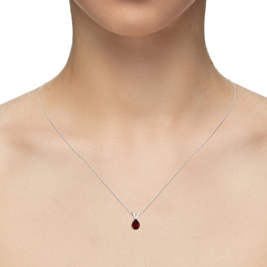 lab grown ruby pear solitaire v-bale necklaces in sterling silver 