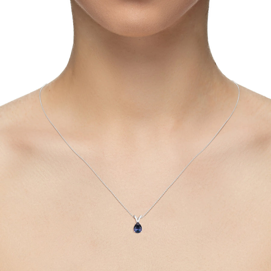lab grown alexandrite pear solitaire v-bale necklaces in platinum 