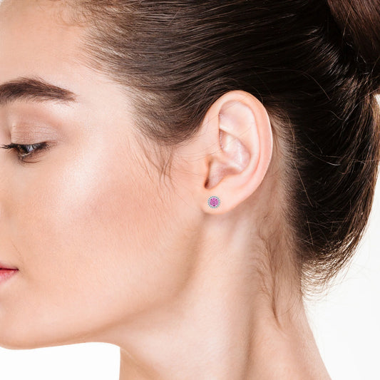 lab grown pink sapphire round stud earrings in platinum 