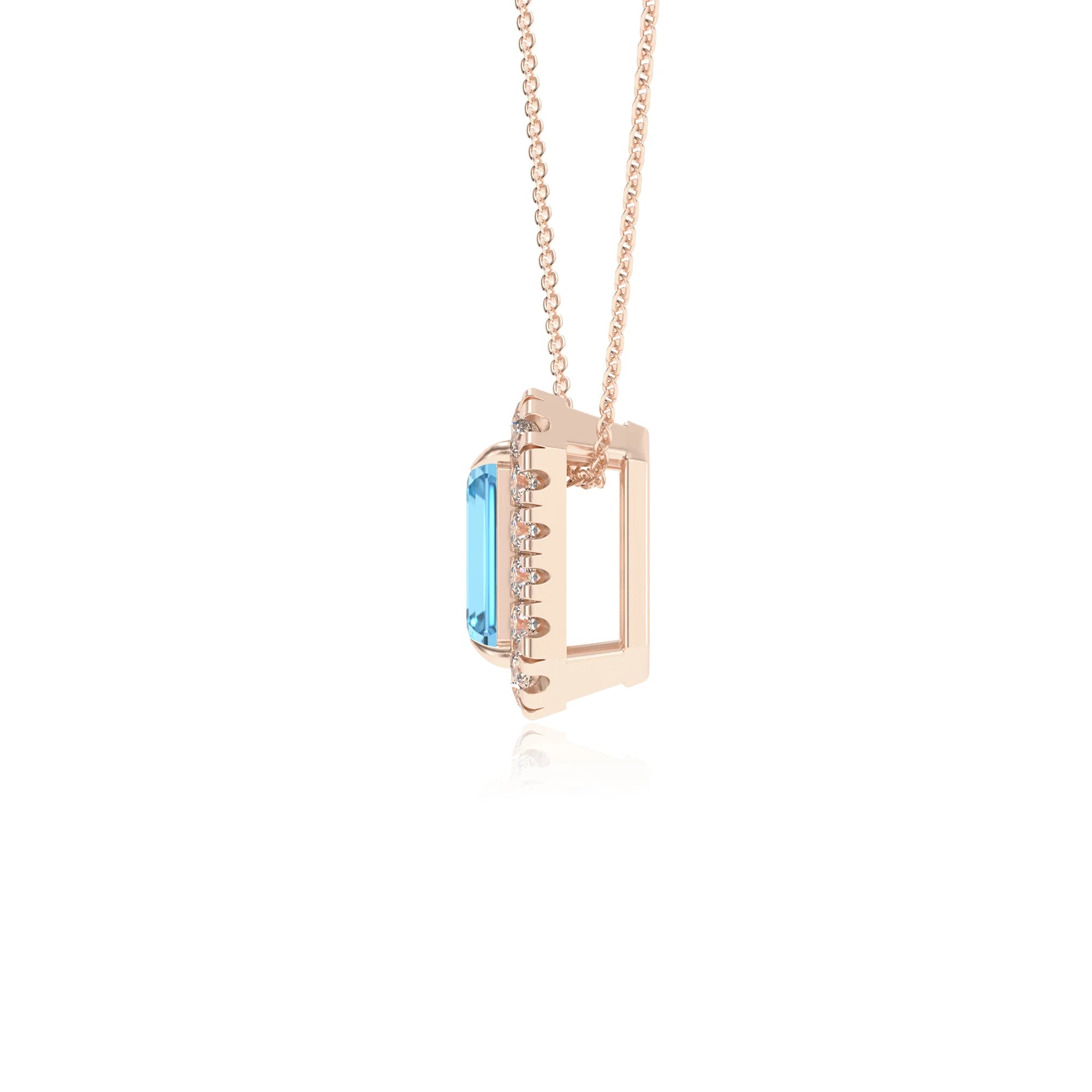 natural swiss blue topaz emerald cut solitaire necklaces in rose gold 