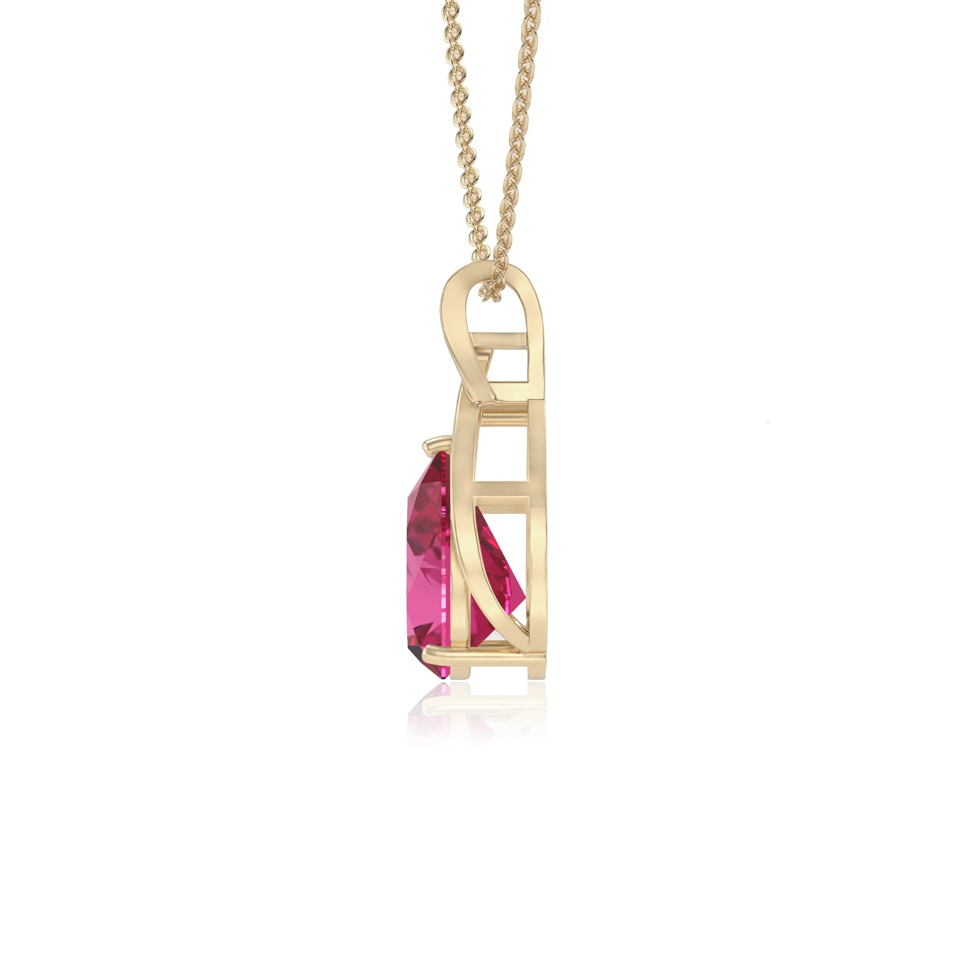lab grown pink-sapphire pear solitaire necklaces in yellow gold 