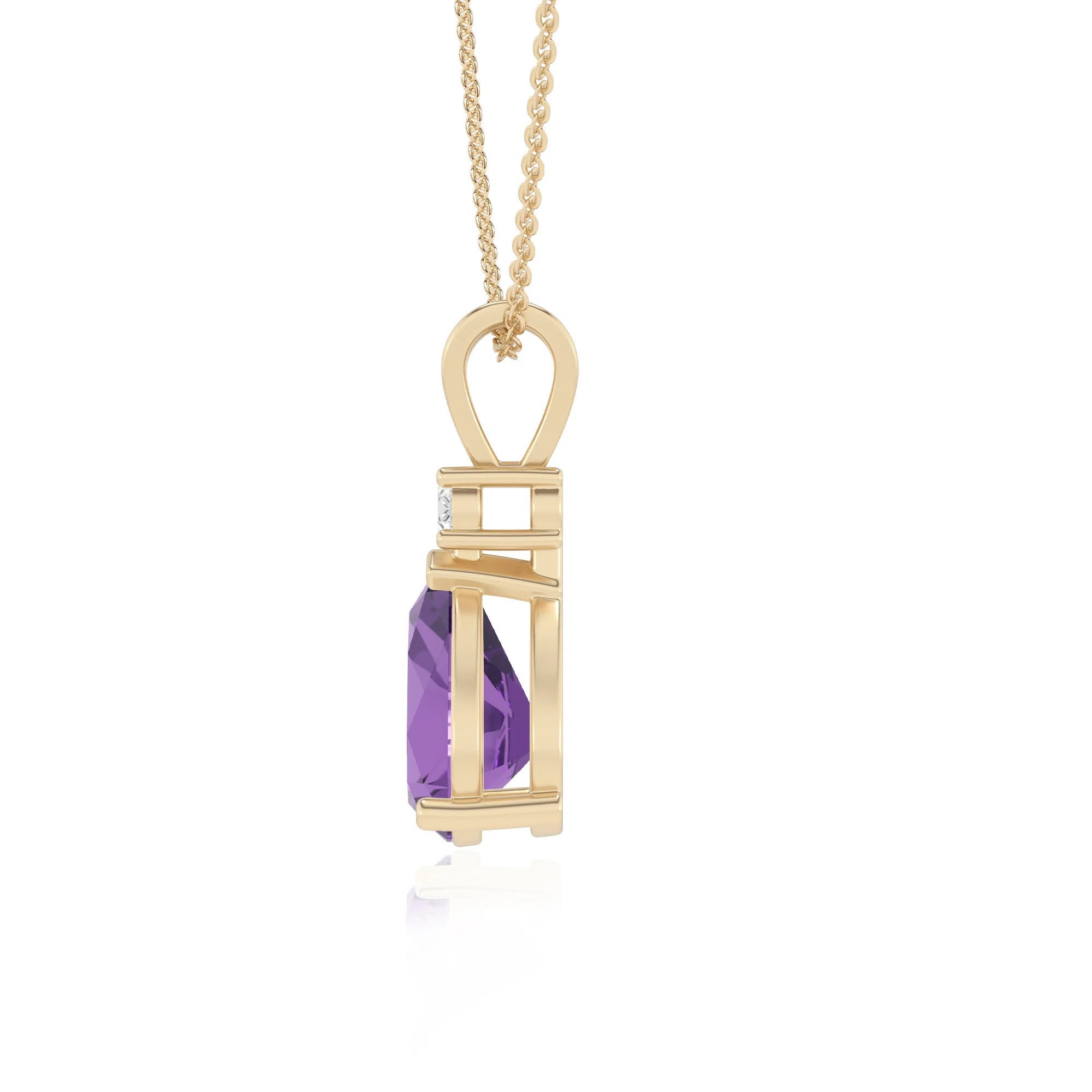 lab grown amethyst pear solitaire v-bale necklaces in yellow gold 