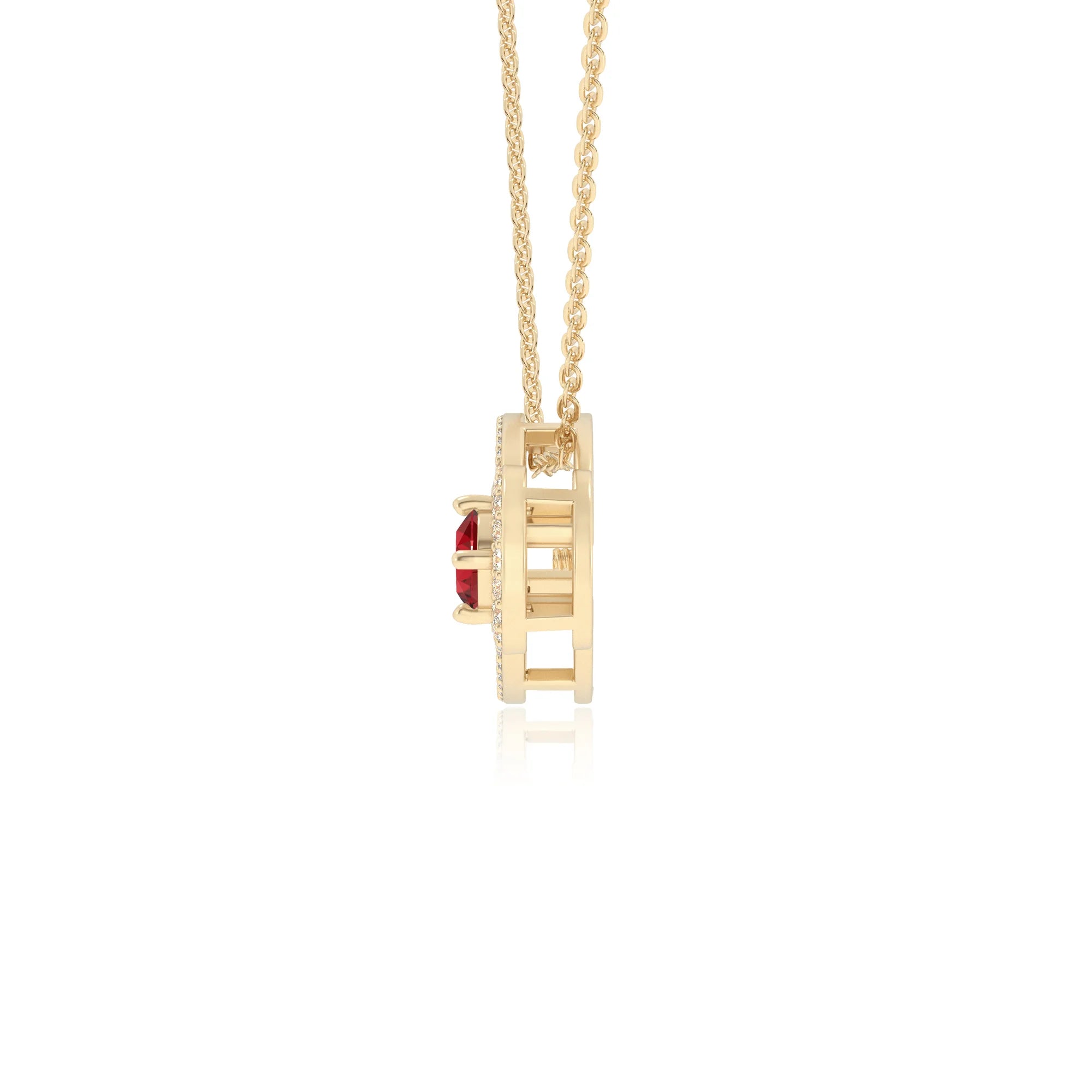 lab grown ruby round solitaire necklaces in yellow gold 