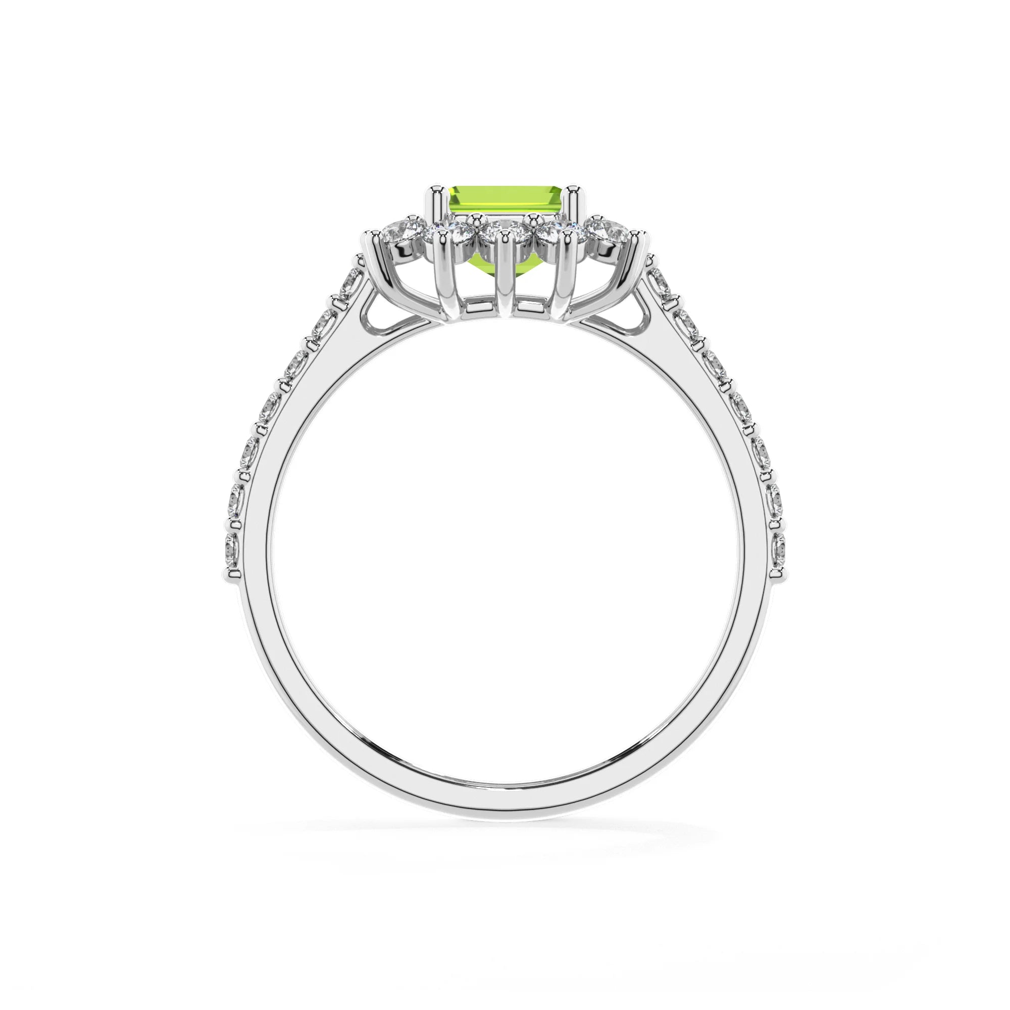 natural peridot emerald cut solitaire rings in white gold 