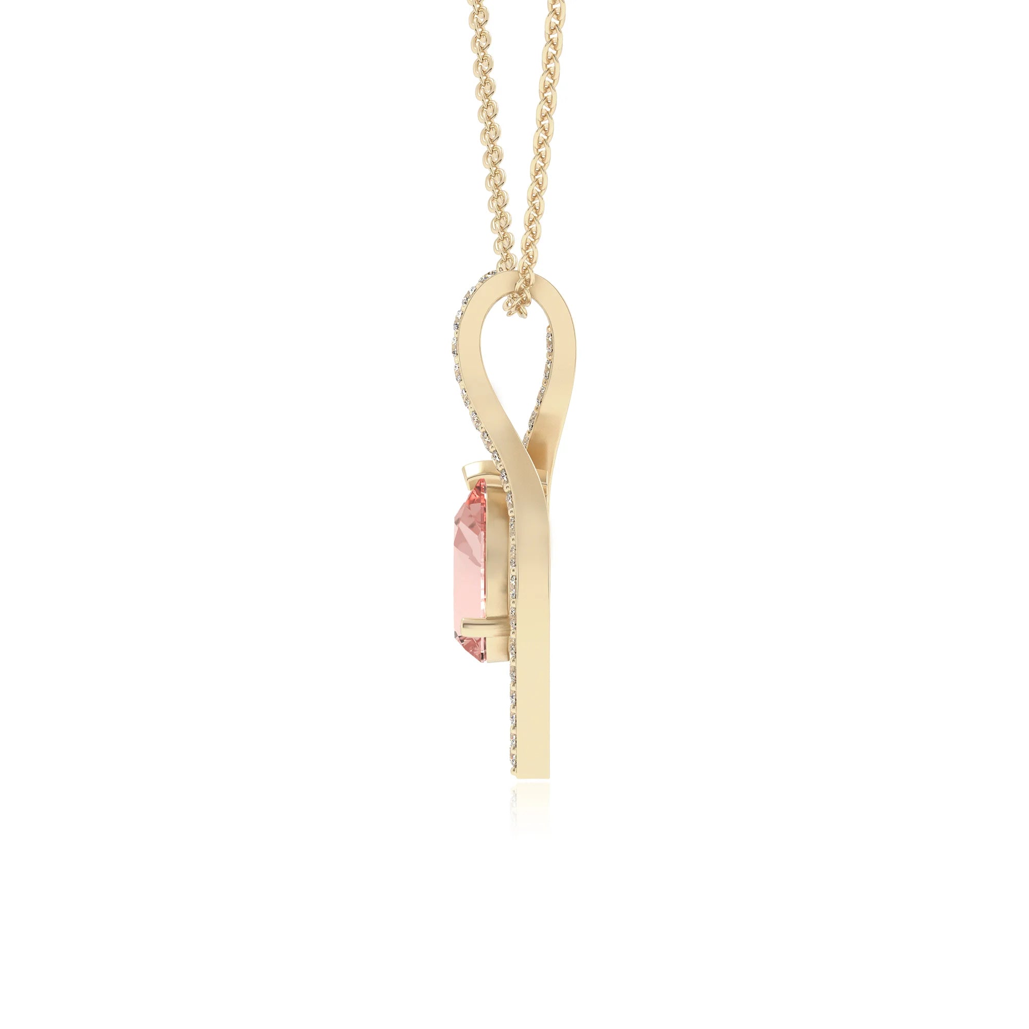 lab grown morganite pear infinity necklaces in yellow gold 