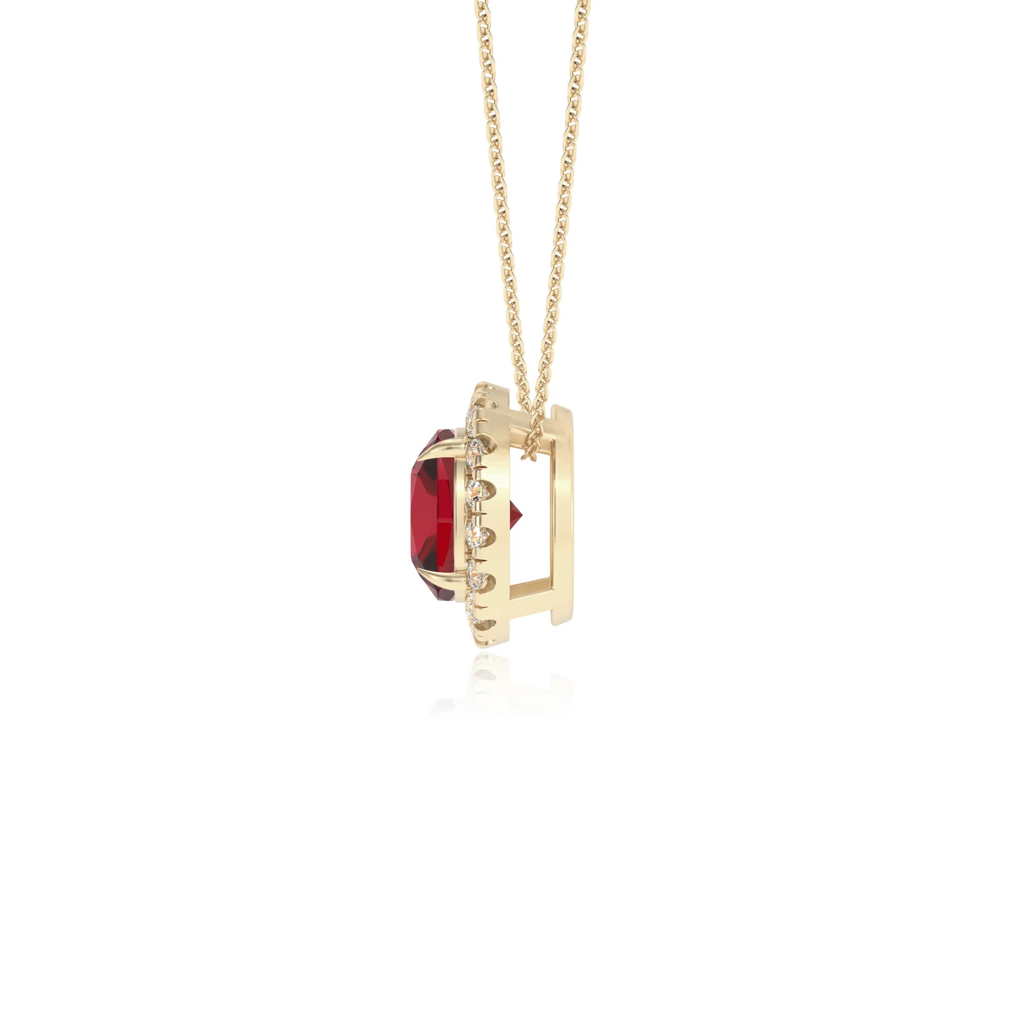 lab grown ruby cushion solitaire necklaces in yellow gold 