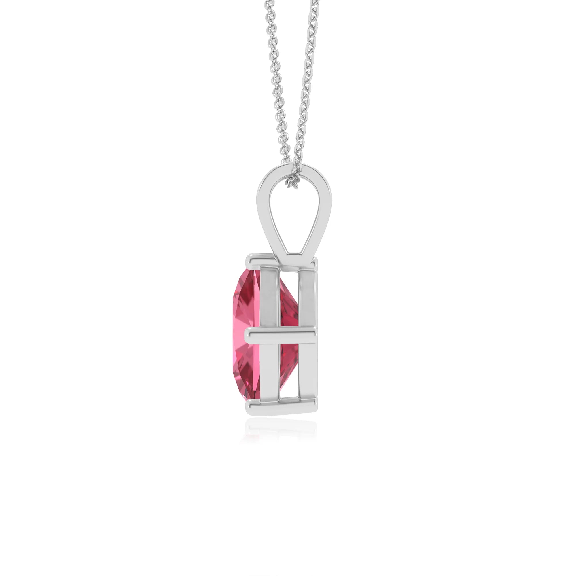 lab grown pink-tourmaline cushion solitaire v-bale necklaces in white gold 
