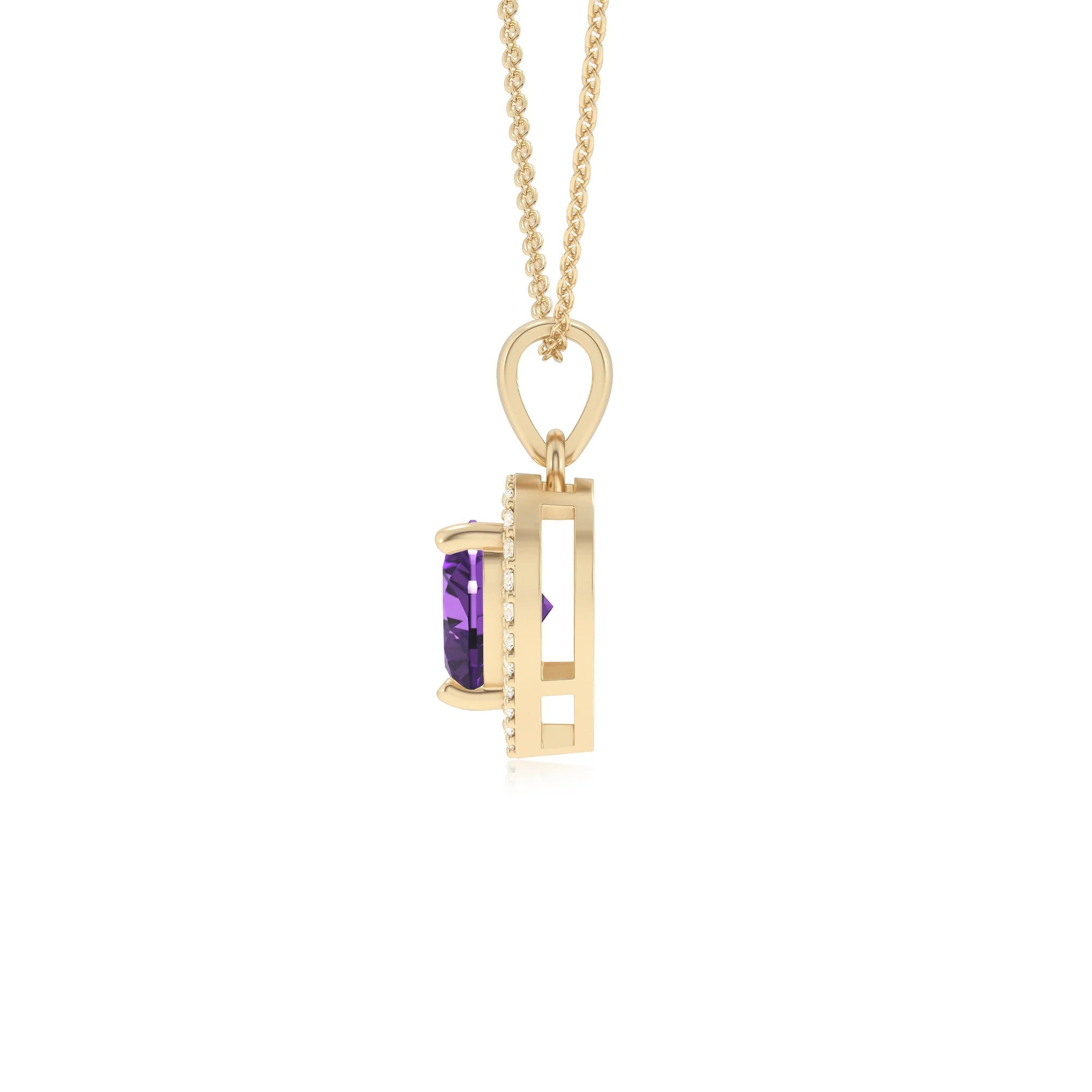 lab grown amethyst heart solitaire necklaces in yellow gold 