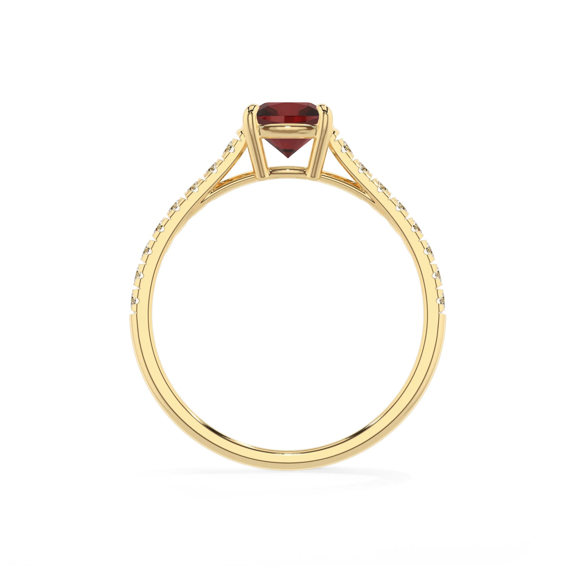 natural garnet cushion half eternity solitaire engagement rings in yellow gold 