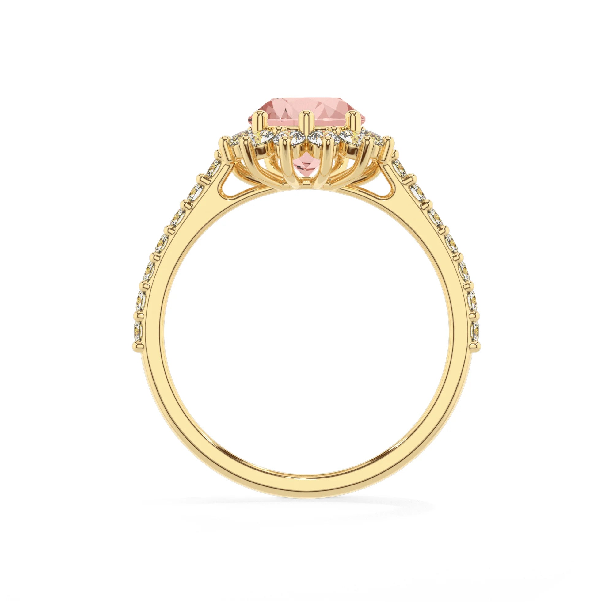lab grown morganite pear solitaire rings in yellow gold 